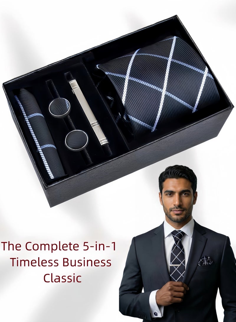 Hiras Fashionable Grid pattern Necktie Suit Gift Box Set（Tie, Pocket Square, Cufflinks, Tie Clip Set )-Black - Image 1